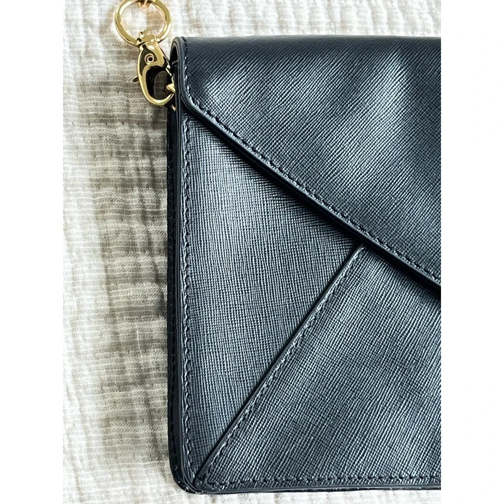 Tory Burch Black Saffiano Leather Envelope Clutch Gold Chain Purse Bag